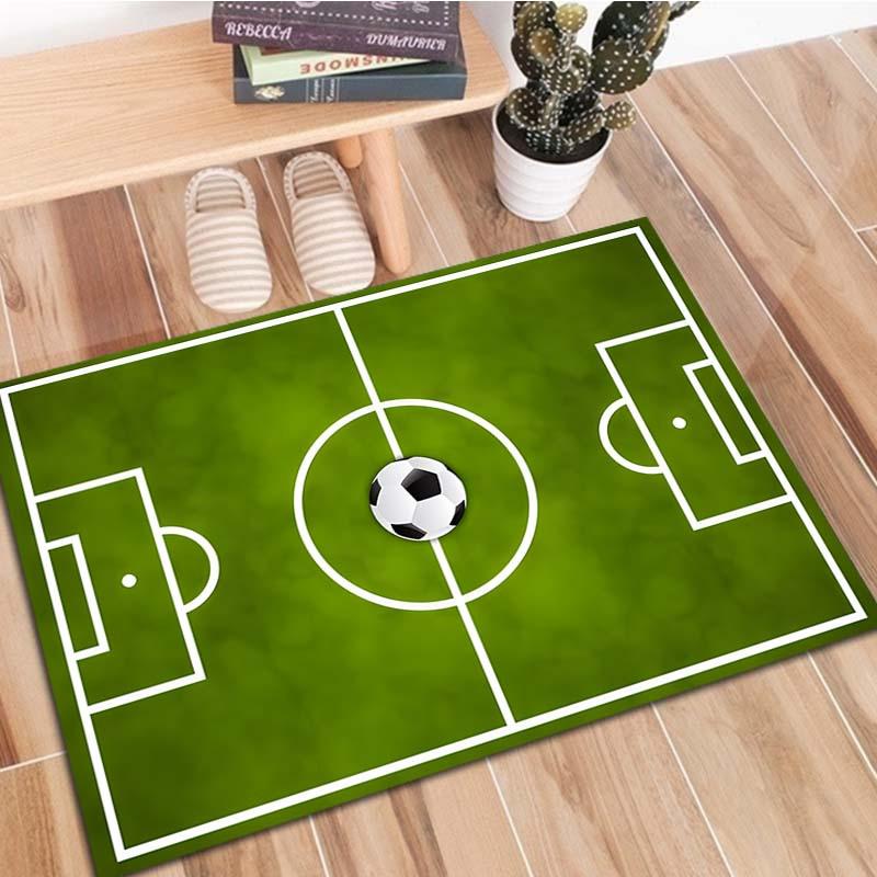 Soccer Field Pattern Mat Non-Slip for Living Room, Office, Bedroom Decor, Green with White Soccer Ball Design, Soccer Room Decor