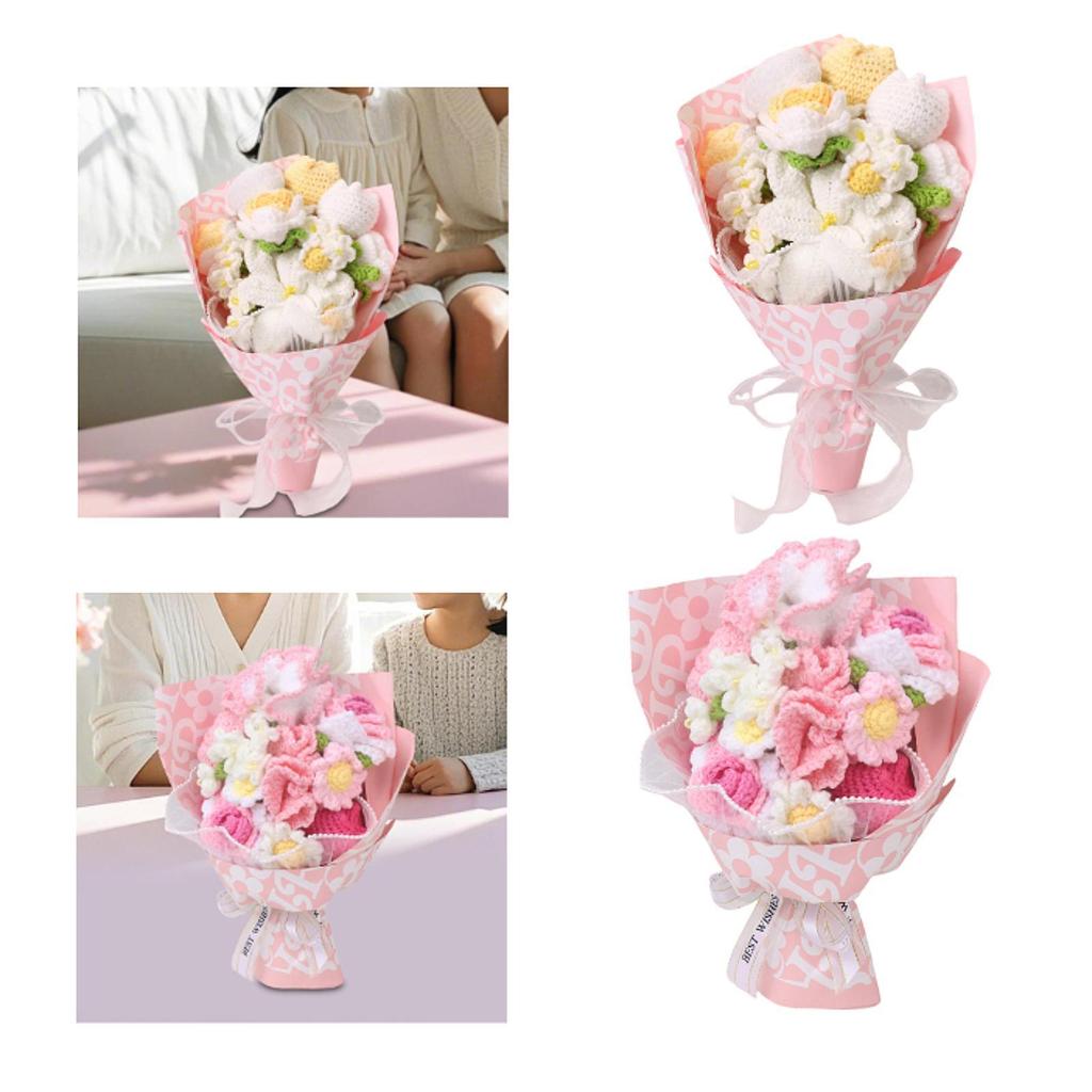 Preserved Knitting Flower Crochet Bouquet Artificial Floral Wreath Ornament Decoration for Wife Mom Anniversary