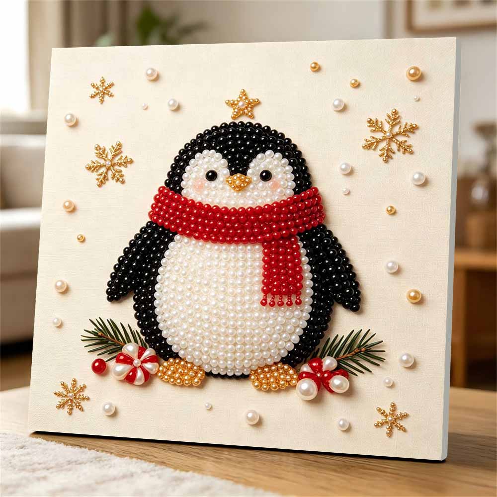 Premium Framed Pearl Art Kit with Cute Penguin and Snowflake 5D Sparkling Bead Canvas DIY Relaxing Craft for Home Wall Decor Gift