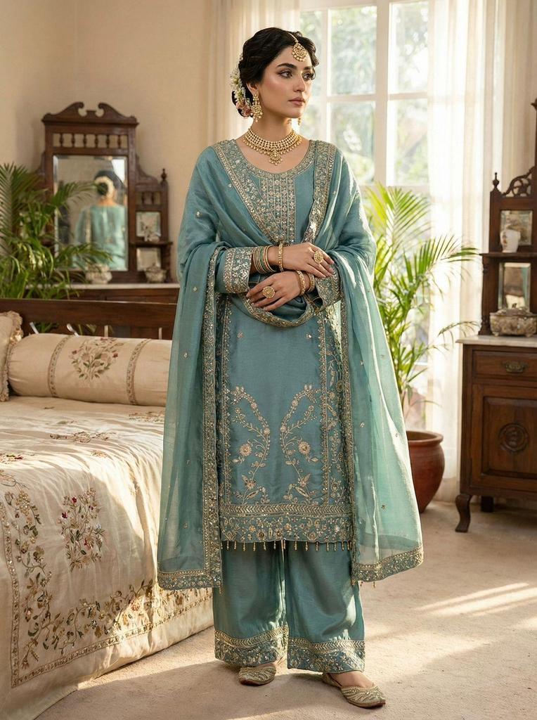 Beautiful Embroidered Gmy Silk Salwar Suit Palazzo Set Indian Women Bollywood Salwar Kameez