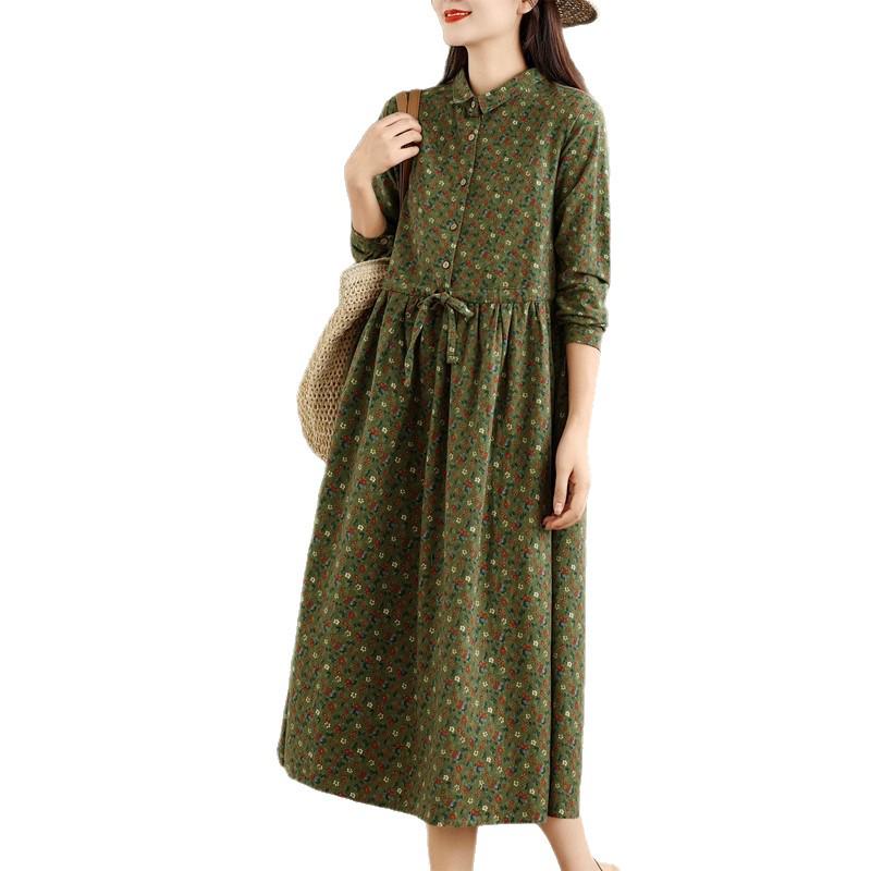 Mori Style Floral Cotton Turn-Down Collar Long-Sleeve Shirt Dress, 2025 Autumn Collection