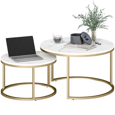 2 Pcs Stacking Coffee Table Set Nesting Tables with Steel Frame for Living Room Marble White/Gold