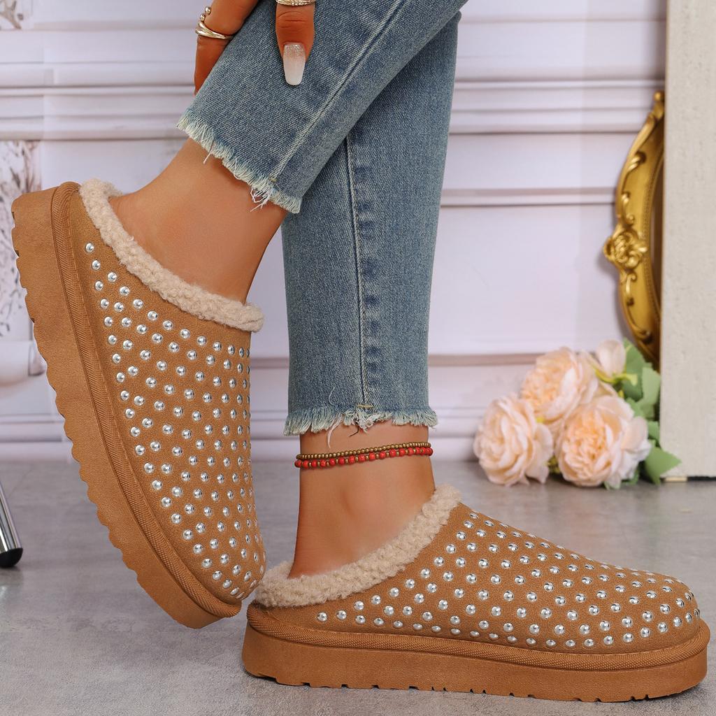 Fashion Autumn Winter Fashion Platform Slippers for Women 2025 Rhinestone Warm Plush Cotton Shoes Comfortable Non-slip Home Slippers