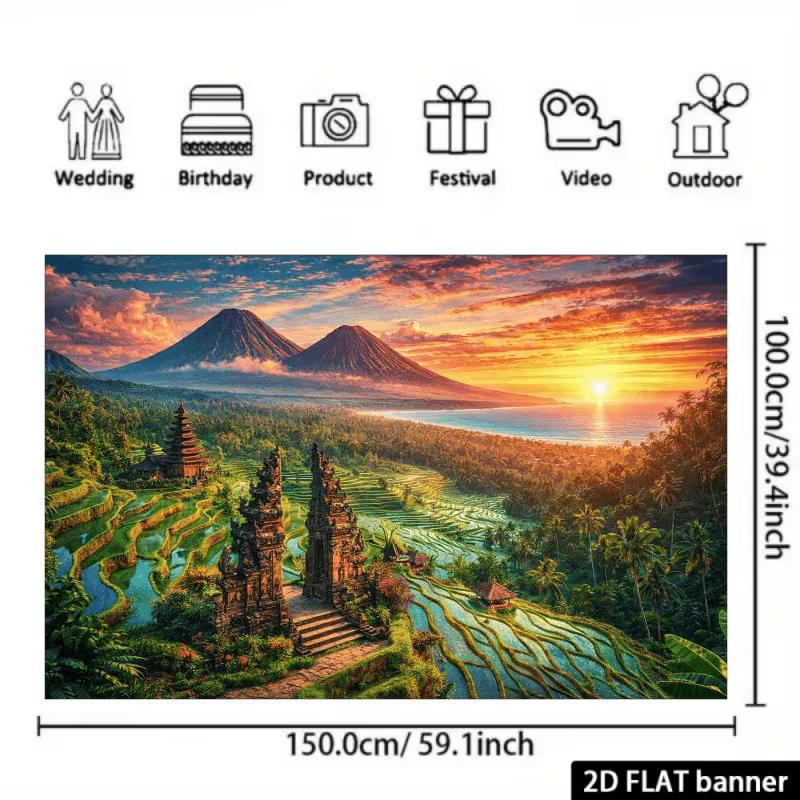 Serene Bali Tapestry, Iconic Split Gate Temple Overlooking Lush Green Terraces and Volcanoes at Sunset, Tropical Spiritual Wall Art