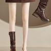 2024 autumn new coffee color medium tube half barrel boots ins British style brown medium tube fashion boots women