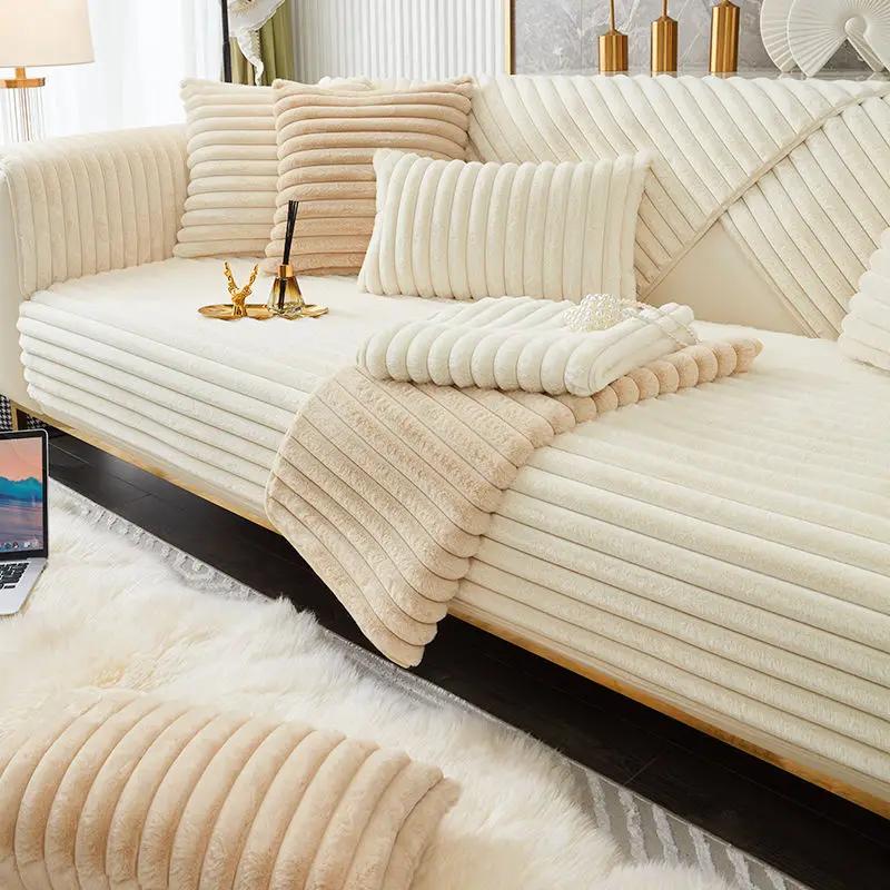 Hochwertiges Graues Sofa Handtuch Kaninchen Plüsch Gerader Streifen Sofabezug Verdicken L Rutschfeste Couch Kissen Wohnzimmer Überwürfe