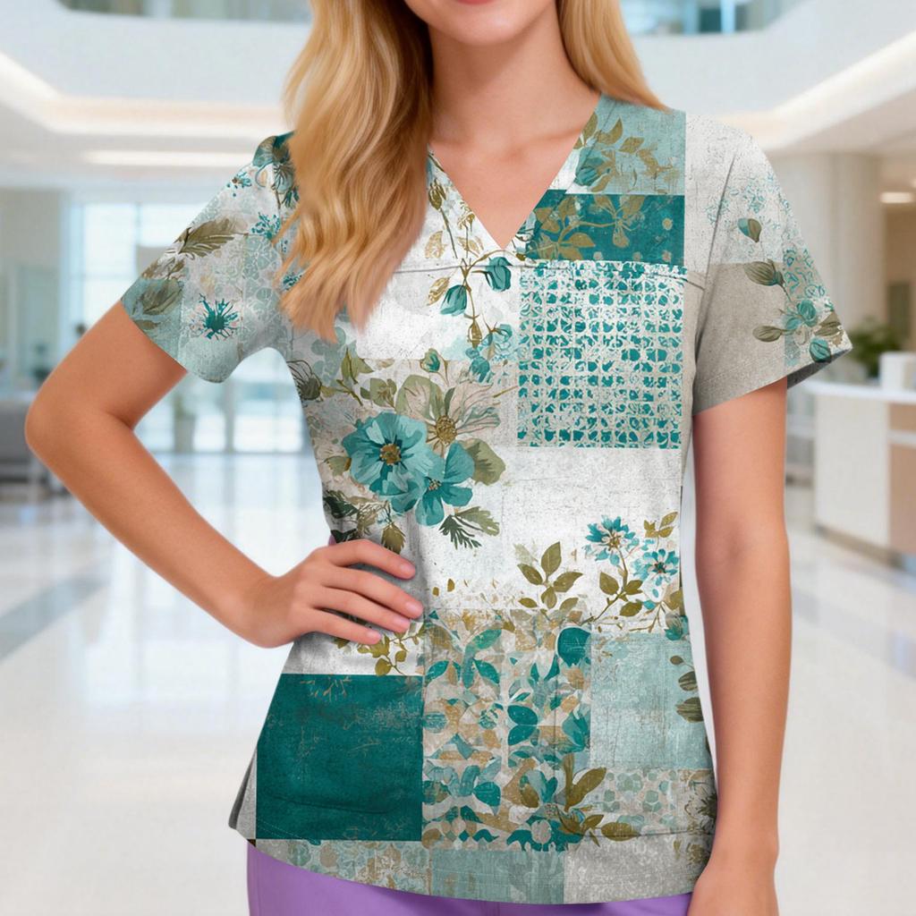 Damen V-Ausschnitt Drei-Taschen Kurzarm Retro-Print Uniform/Pflegekraft Oberteil Mit Schlitzen Am Saum