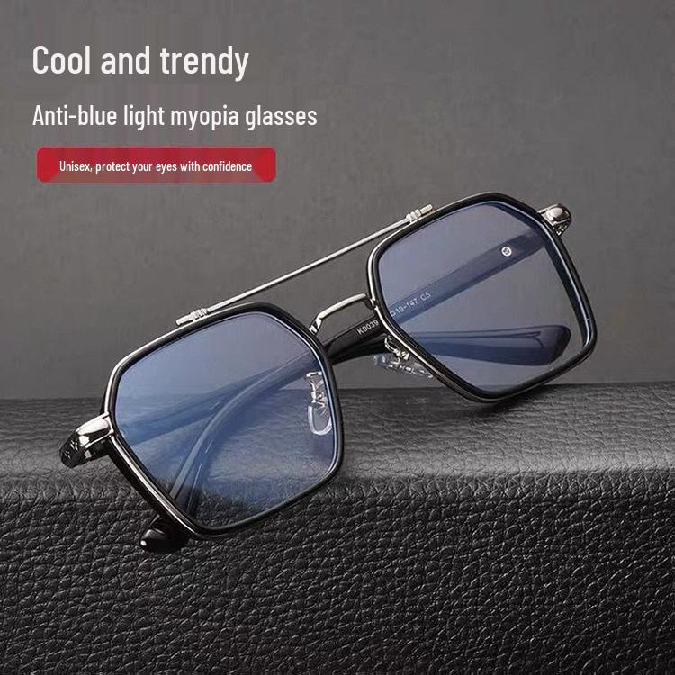William Chan Anti-Blue Light Retro Large Frame Glasses with Double Bridge, Fashionable Myopia-Ready.