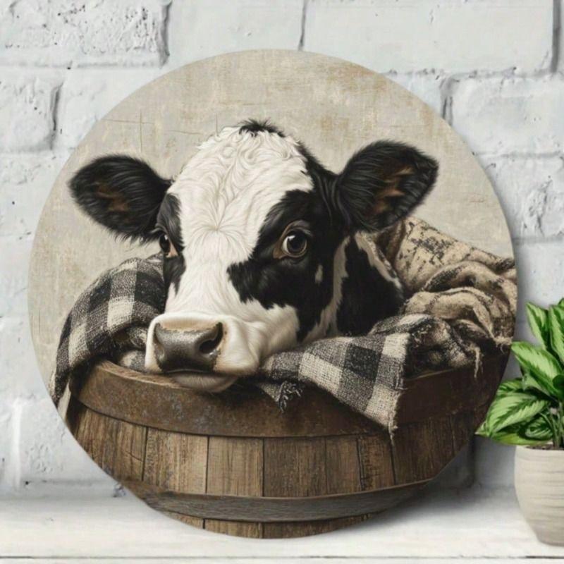Metal Poster Cow in Barrel Farmhouse Style for Kitchen Wall Art