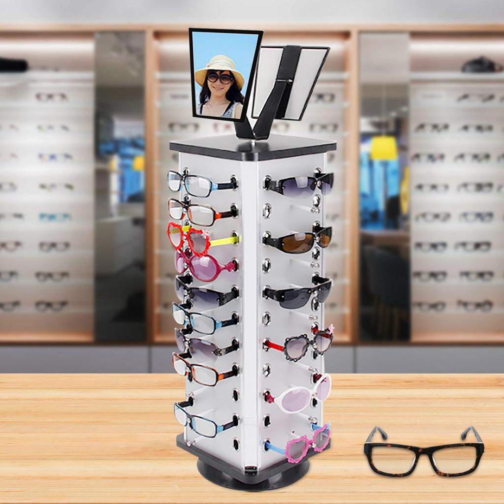360° Rotating Eyeglasses Display Stand - 44-Pair Capacity,  Aluminum Composite & Wood Construction, Silver/Black - with Adjustable Mirrors