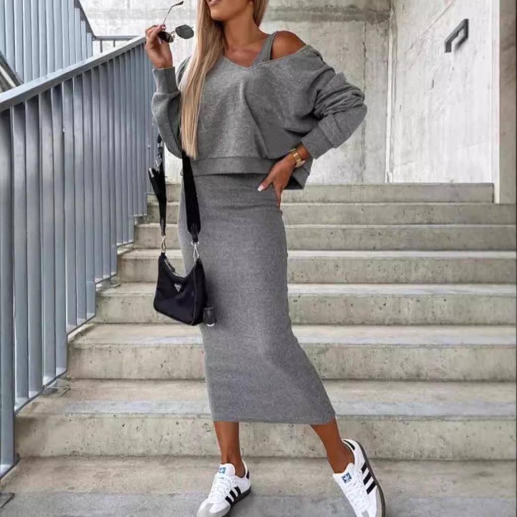 2023 New Autumn/Winter Two-Piece Vest Dress & V-Neck Sweatshirt Knitted Women's Set
