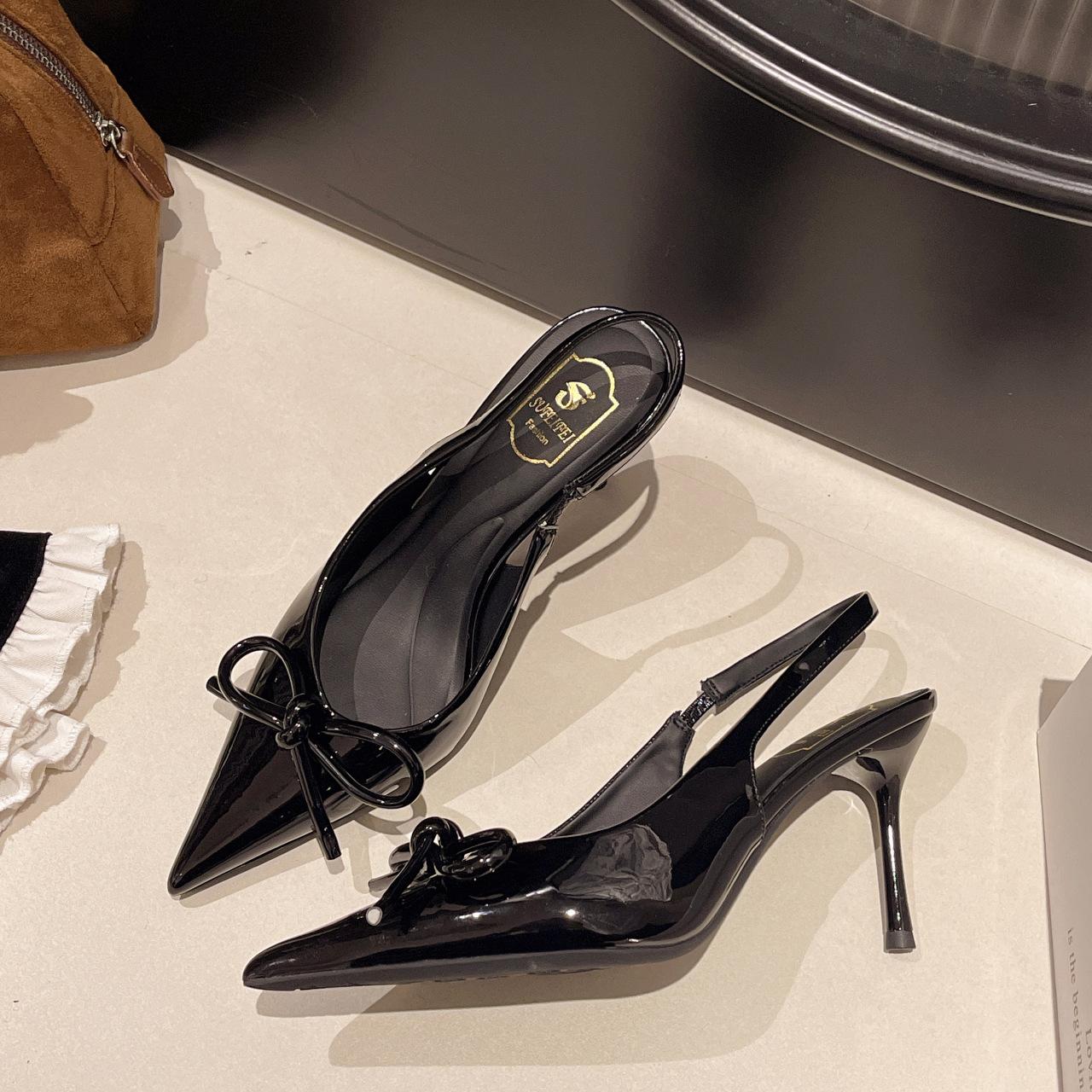 

Красивые женские босоножки 2025 лето новый темперамент бант открытая пятка мелкий вырез туфли лодочки острый носок большой размер босоножки на высоком каблуке 42 чёрный