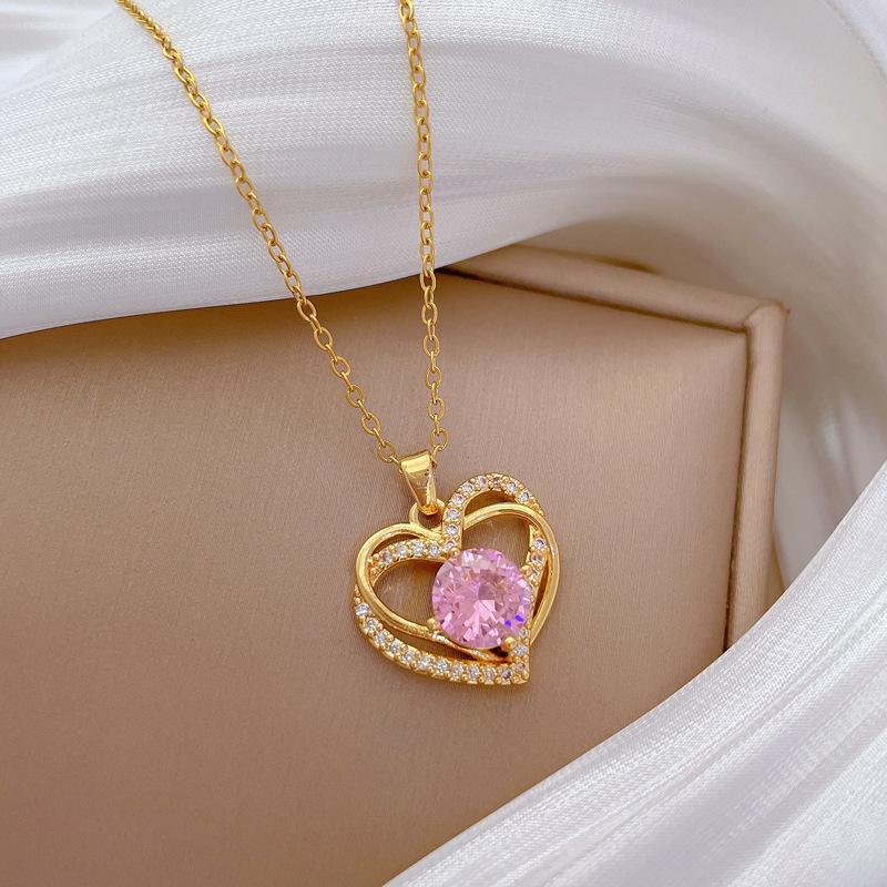 Pink Double-Layer Love Full Diamond Light Luxury Temperament Gorgeous Full Diamond Necklace Female Versatile Collarbone Chain Titanium Steel