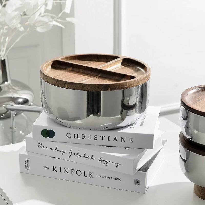 Stainless Steel Divided Dried Fruit Plate with Wooden Lid