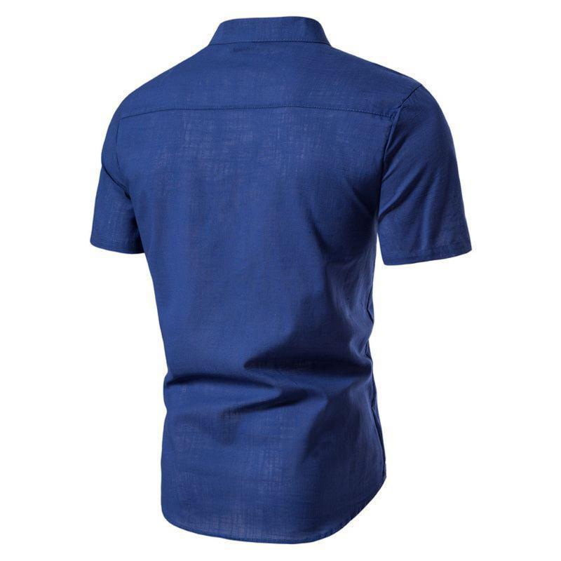Baumwolle Leinen Herren Kragen Knopf Langarm Tops Sommer Grandad Shirt Bluse T-Shirt