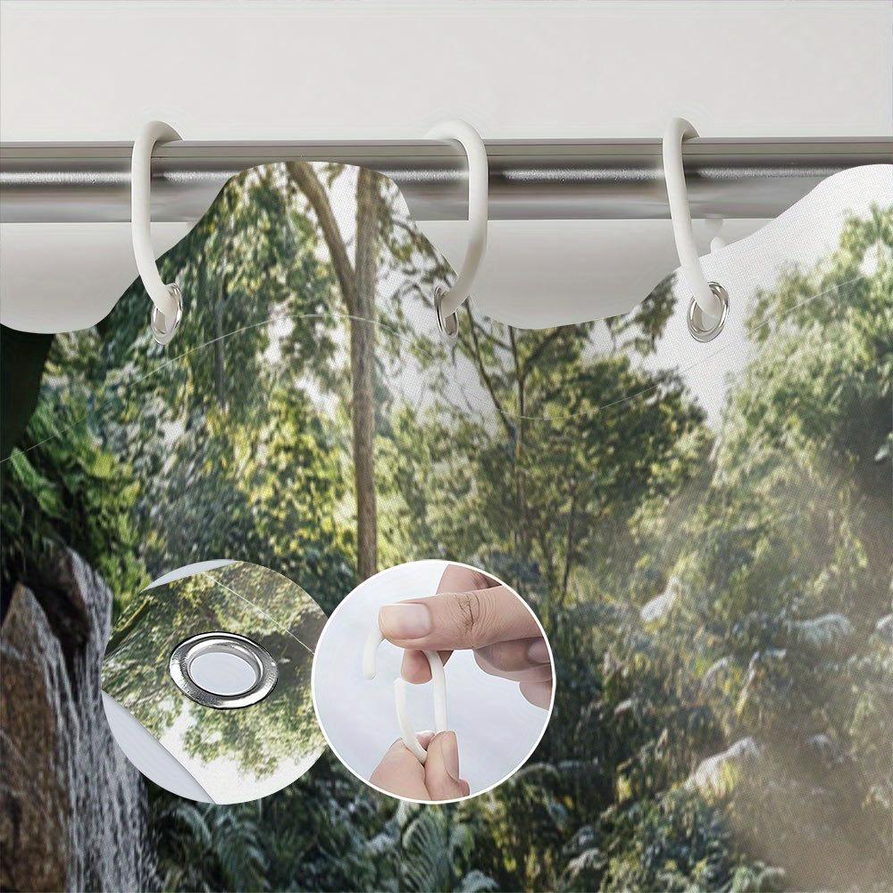 Tropical Pool Shower Curtain - Turquoise Waterfall Design, Lush Greenery, Wooden Deck, Luxe Bathroom Decor,  Polyester, Washable