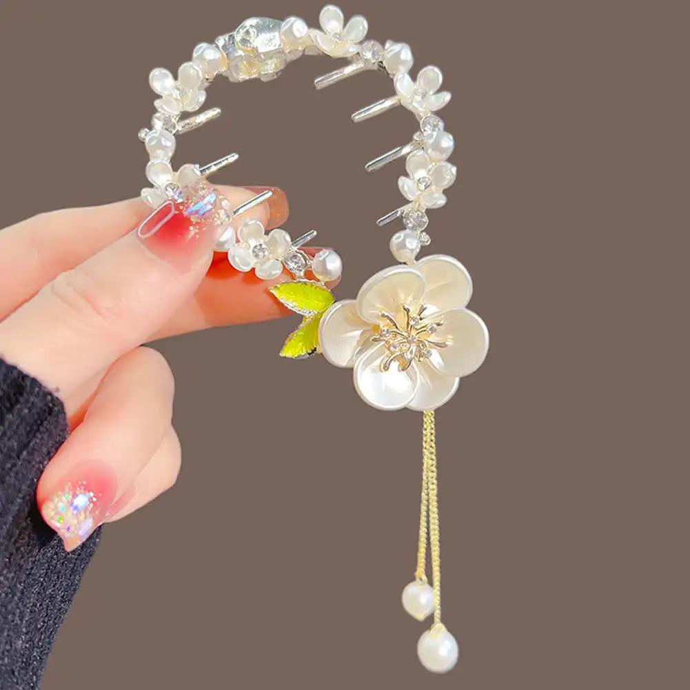 Elegant Tassel Hair Claw Rhinestone Pearl Flower Tassels Hair Clip Women Girl Ponytail Holder Hairpins Fringe Hair Accessories