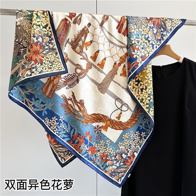 Heavy silk scarf women's spring new double-sided heterochrome flower dill 111cm large square scarf mulberry silk scarf shawl