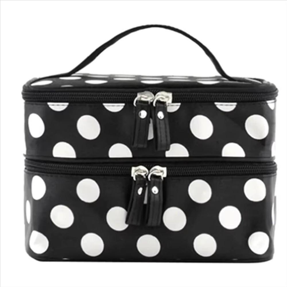 New Double-layer Makeup Bag Polka Dots Portable Travel Makeup Case Large Capacity Travel Toiletries Organizer