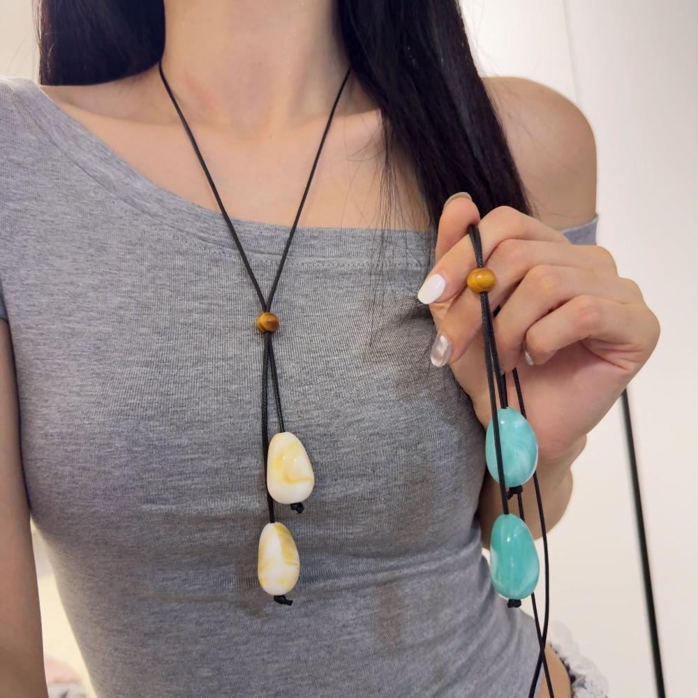 Minimalist Retro Irregular Imitation Jade Large Teardrop-shaped Pendant Pull Adjustable Necklace for Women Collar Chain Jewelry