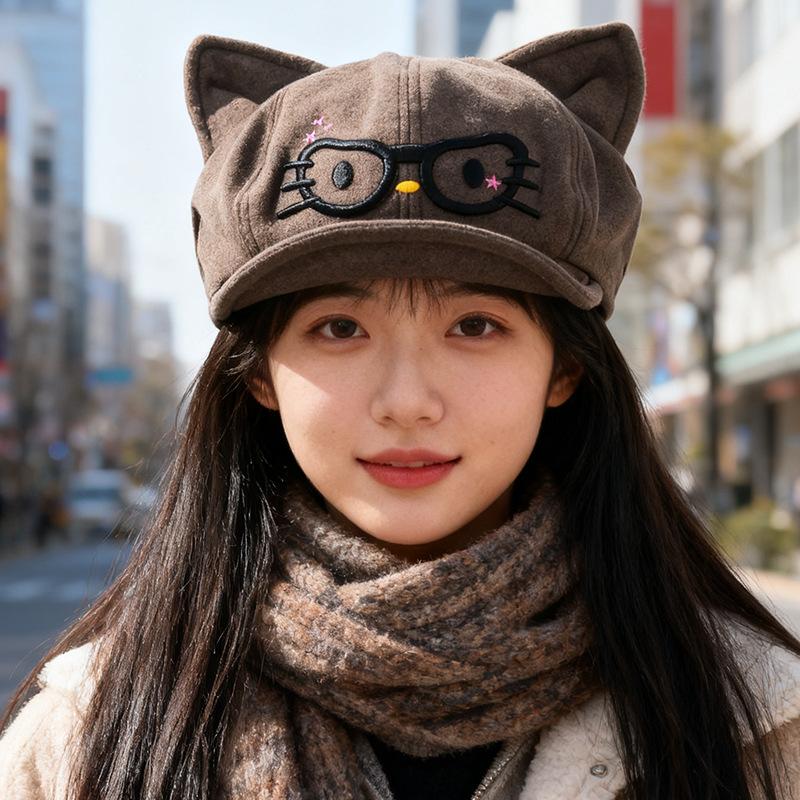 Autumn and Winter Retro Beret Women's Japanese Style Cute Cat Ears Octagonal Hat Big Head Circumference Showing Face Small Newsboy Hat Trendy