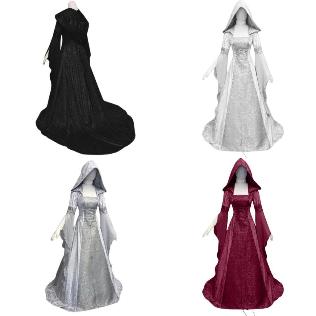 Vintage Solid Color Girdle Hooded Dress Perfect For Halloween!