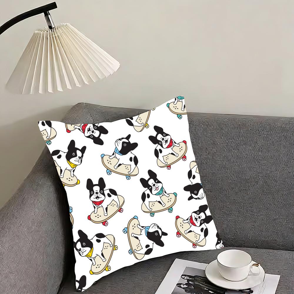Cartoon French Bulldog Pattern Cushion Cover Reversible Plush Pillow Cover – For car, sofa, bedroom, perfect as a gift.