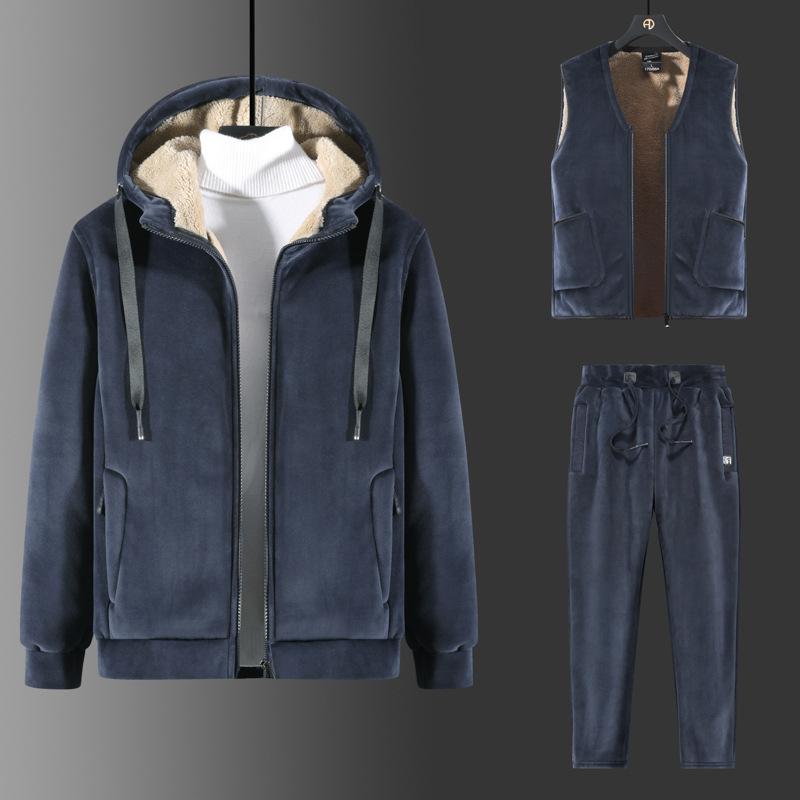 Three-Pieces Lamb Cashmere Set Men Warm Lamb Wool Sets Winter Plus Velvet Thick Tracksuits Men's Set Hoodies+Vests+Pants