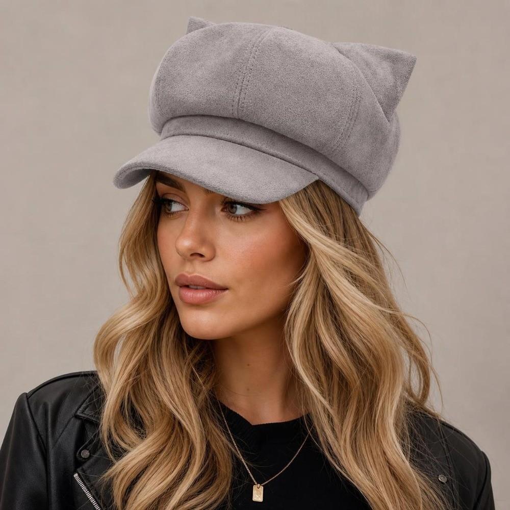 Adjustable Newsboy Cap Solid Color Octagonal Hat Casual Cat Ear Beret Women