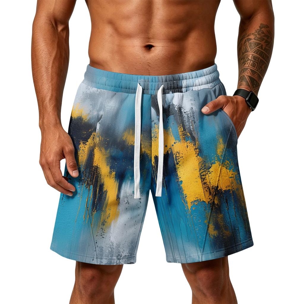 Men's Gradient Print Loose Fit Athletic Shorts with Pockets Elastic Waistband Drawstring for Gym Training Beachwear