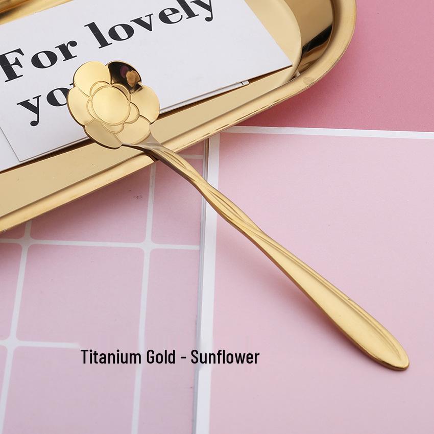 Gold Plated Christmas Flower Mixing Spoon - Japanese Stainless Steel Coffee Stirrer with Custom Logo Option.