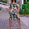 Summer Plus Size V Neck Short Sleeve Knee Pocket  Print Casual Dress For Women