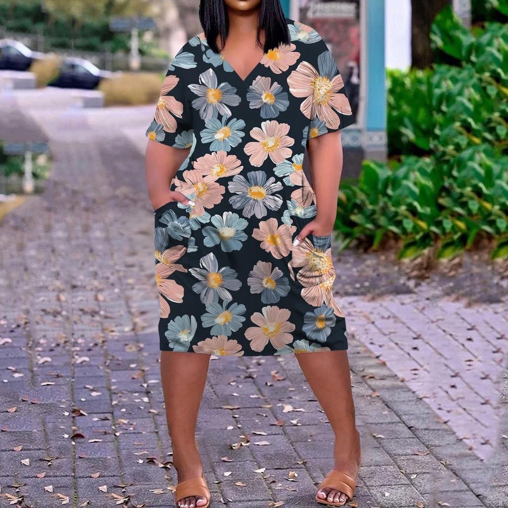 Summer Plus Size V Neck Short Sleeve Knee Pocket  Print Casual Dress For Women