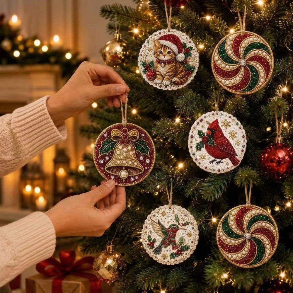 6Pcs Cat Pattern Wooden Christmas Ornaments Set Round Shape Xmas Tree DIY Craft Kit  Window Decor