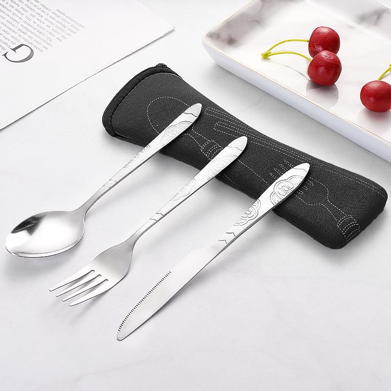 Portable Stainless Steel Western Cutlery Set: Knife, Fork, Spoon & Cloth Bag - Creative Three-Piece Gift Set