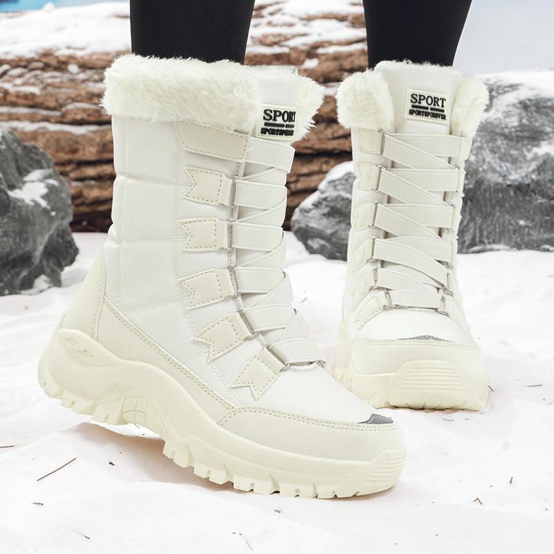 Fur-lined Snow Boots Women Plush Winter Hiking Shoes Ladies Anti-slip Warm Cotton Shoes Waterproof High-top Boots