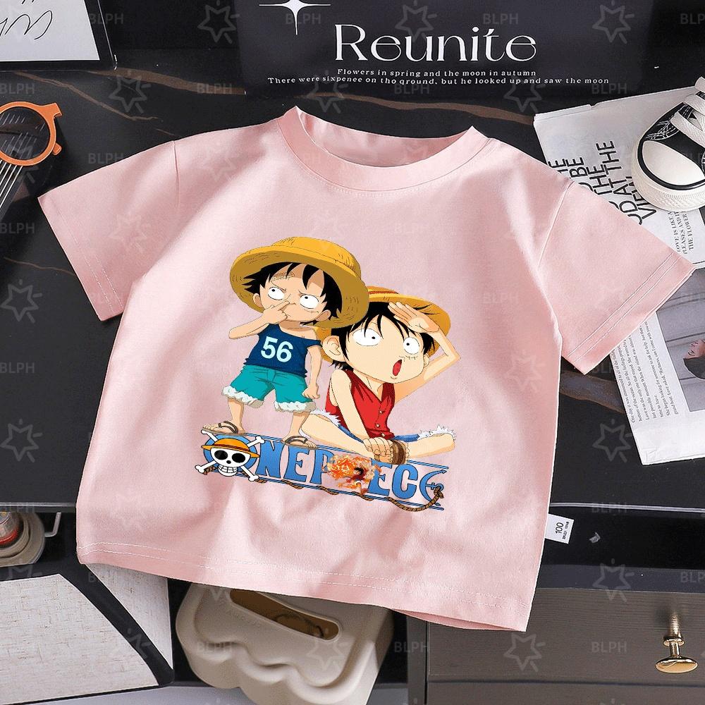 Cute One Piece Luffy Kids T-Shirt, Classic Anime Character Design, Comfortable Cotton Summer Tee for Boys and Girls