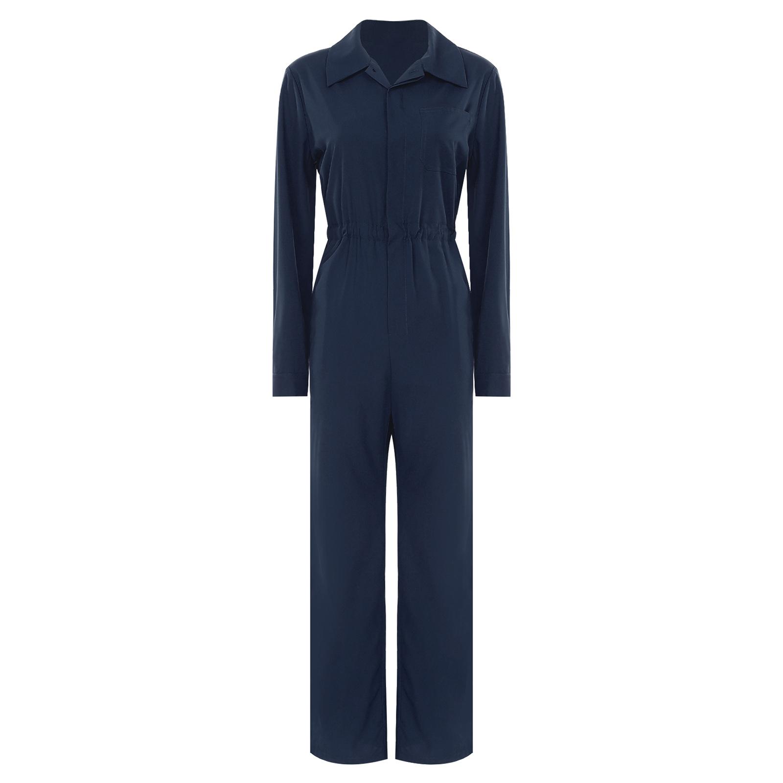 

Womens Fashion Jumpsuit Button Front Design Casual Solid Color Turn Down Collar Long Sleeve Coverall S темно-синього кольору