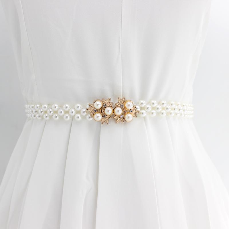 Women'S Rhinestone Pearl Waist Chain Dress Decorative Elastic Belt Women'S Sweet Flower Elastic Waist Seal