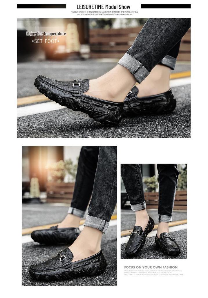 Men's Spring Alligator Pattern Leather Slip-On Shoes - Casual, Trendy, Soft Sole Driving & Work Shoes