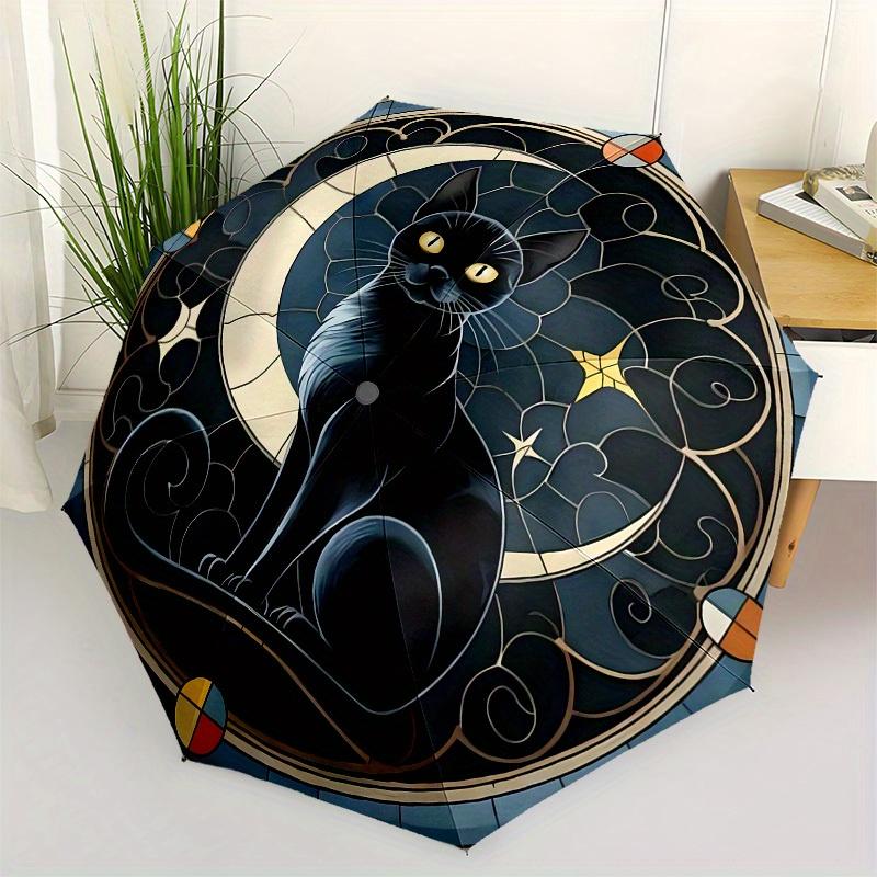 

1pc Stained Glass Black Cat MoonUmbrella with Plastic Handle,Suitable for All Seasons Home Travel Outdoor UmbrellaB1574