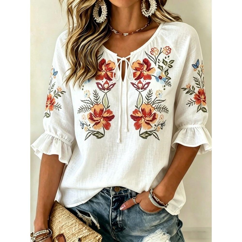 Women's Red & White Floral Embroidered Tie Neck Blouse, Casual Loose Tops for Spring Summer