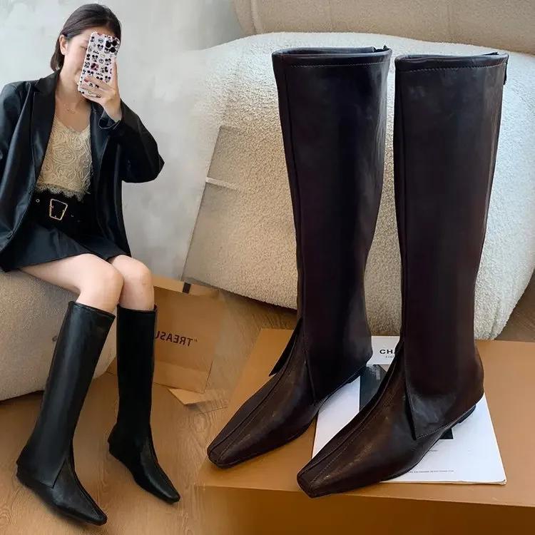 Fashion Pointed Toe Flats Women High Boots Designer Fashion Casual Walking Leather Shoes 2025 New Trend Winter Dress Chelsea Botas Mujer