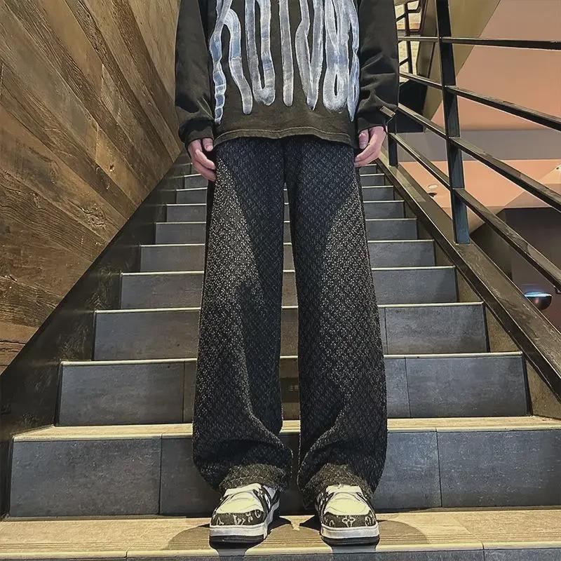 European & American Hip-Hop Streetwear: Men's Trendy Jacquard Full-Print Slim Flared Jeans