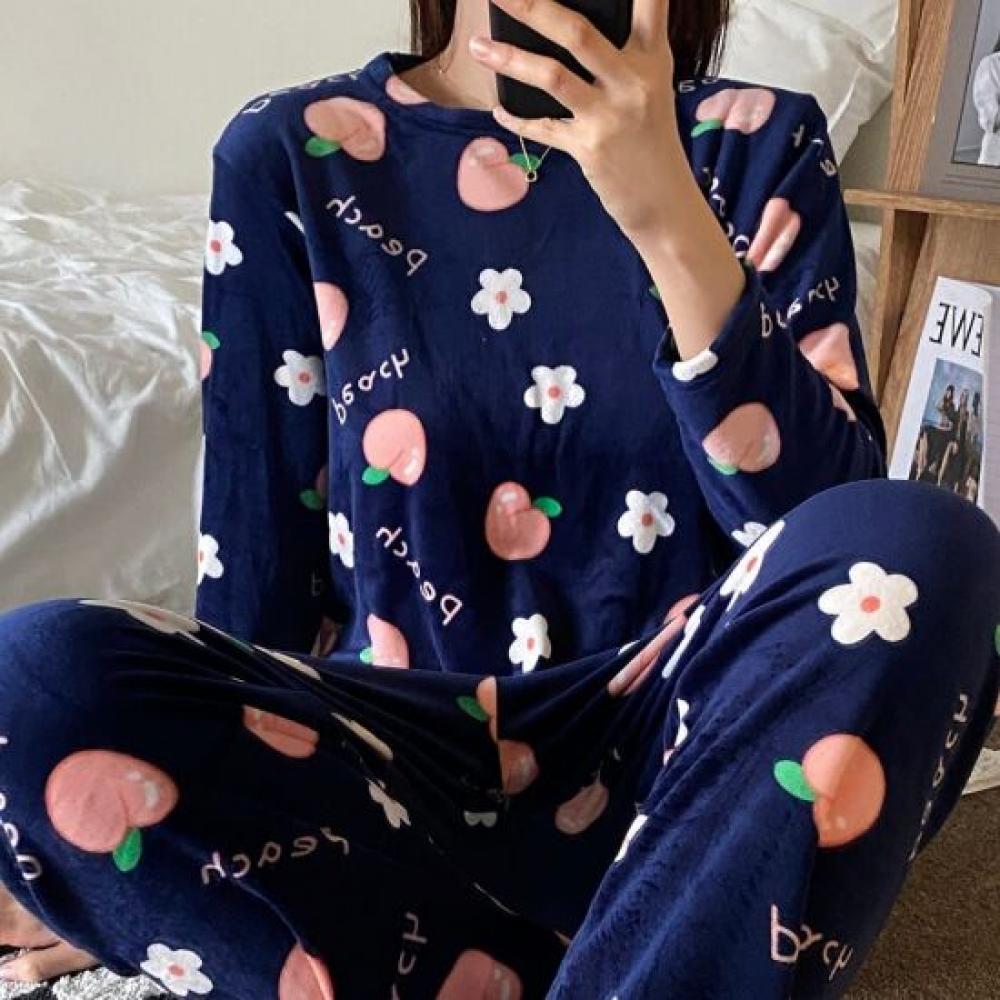 Mizqz Women Peach Flower Sleepwear Microfiber Winter Pajama