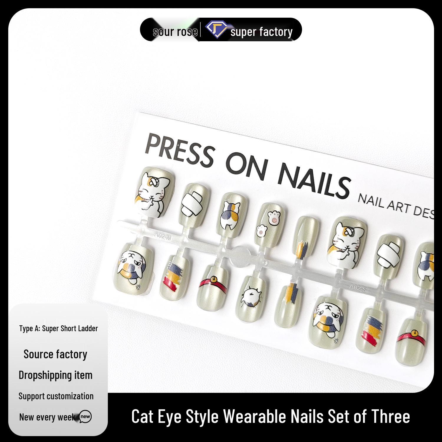 

Jiaolong Natsume Sensei Crystal Cat Eye Wearable Nails - Cartoon Manicure