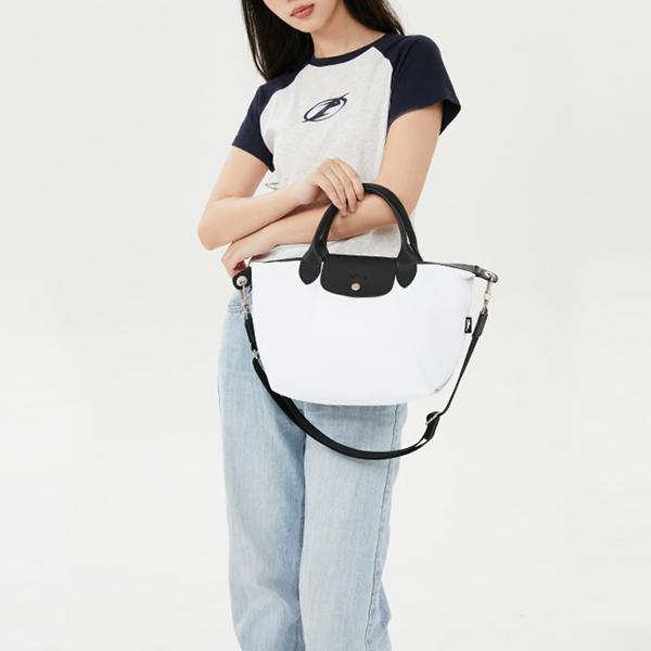 Longchamp Le Pliage Energy 25 Button Zipper Closure Canvas And Leather Dumpling Shoulder Crossbody Tote Bag Small Women Bags Black White 1512HSR007