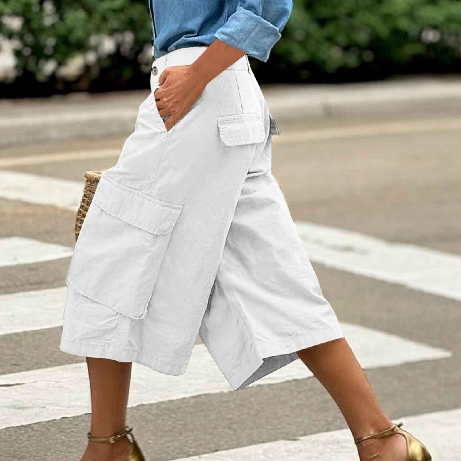 

Женские широкие брюки с карманами, свободные укороченные брюки с высокой талией M белый