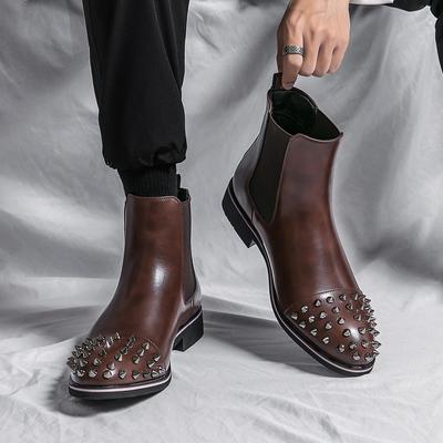Italia Herrestøvletter Spisse Blandede Nitter Ankelstøvletter Lær Elastisk Sidedesign Chelseastøvletter Vintage Slip On Komfortable Desert