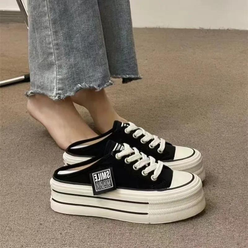 2025 Summer New Thick Slippers Fashion Casual Women Canvas Bottom Heightening Sandals Female Indoor Baotou Low Sneakers